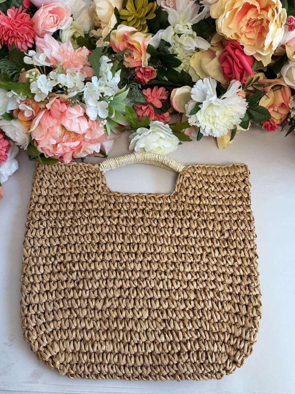 Mark & Graham Woven Straw Tote Natural Tan Ivory Wrapped Handles Coastal Resort - Picture 11 of 11